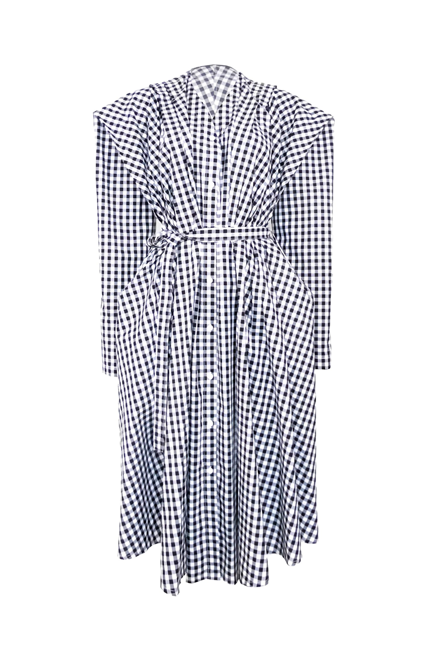 Farmers shirt dress with a v neckline and below the knee length. A statement power dress.