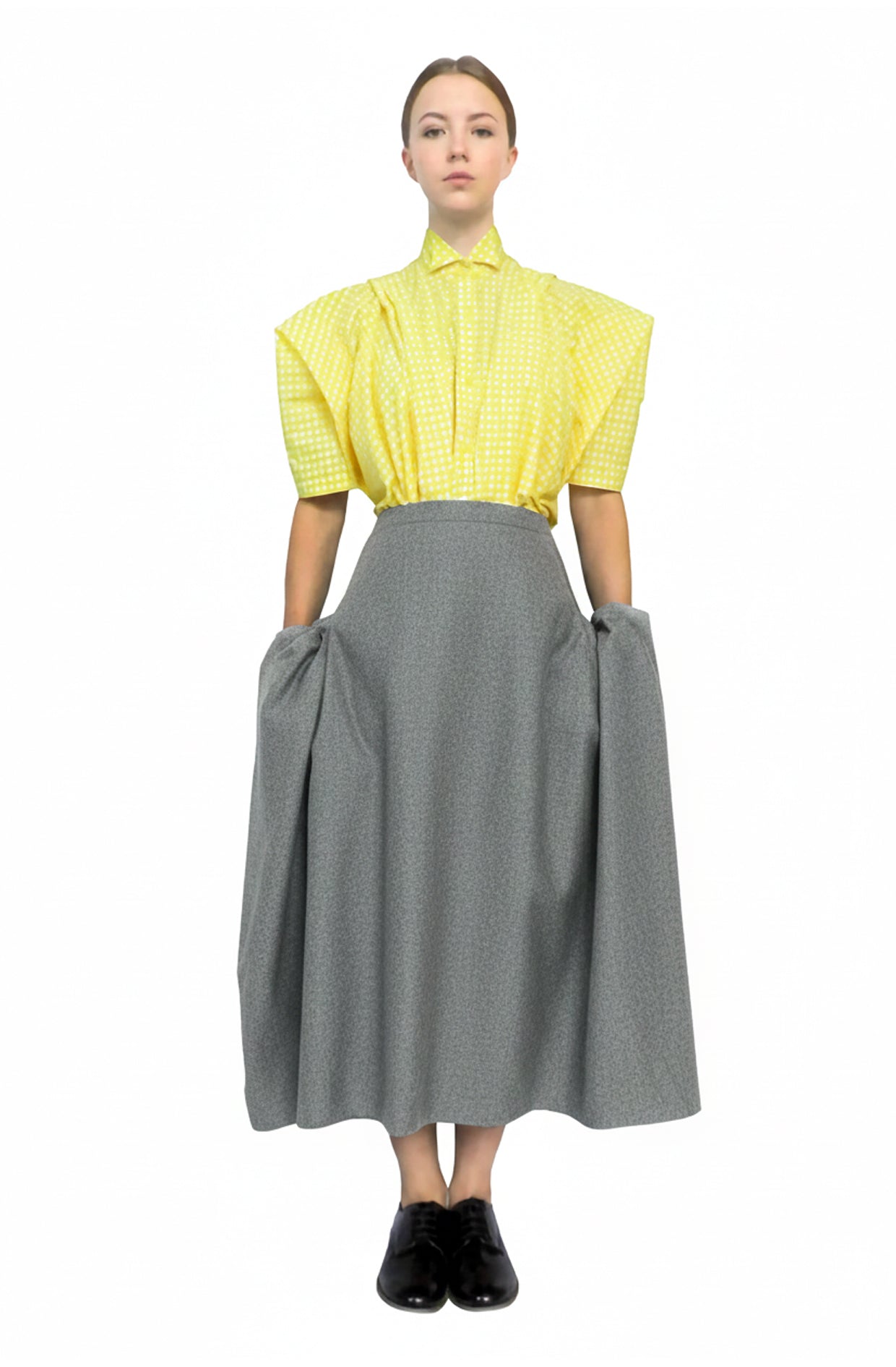 Blanket skirt in grey Yorkshire wool, a zero waste design by Cunnington & Sanderson made in UK