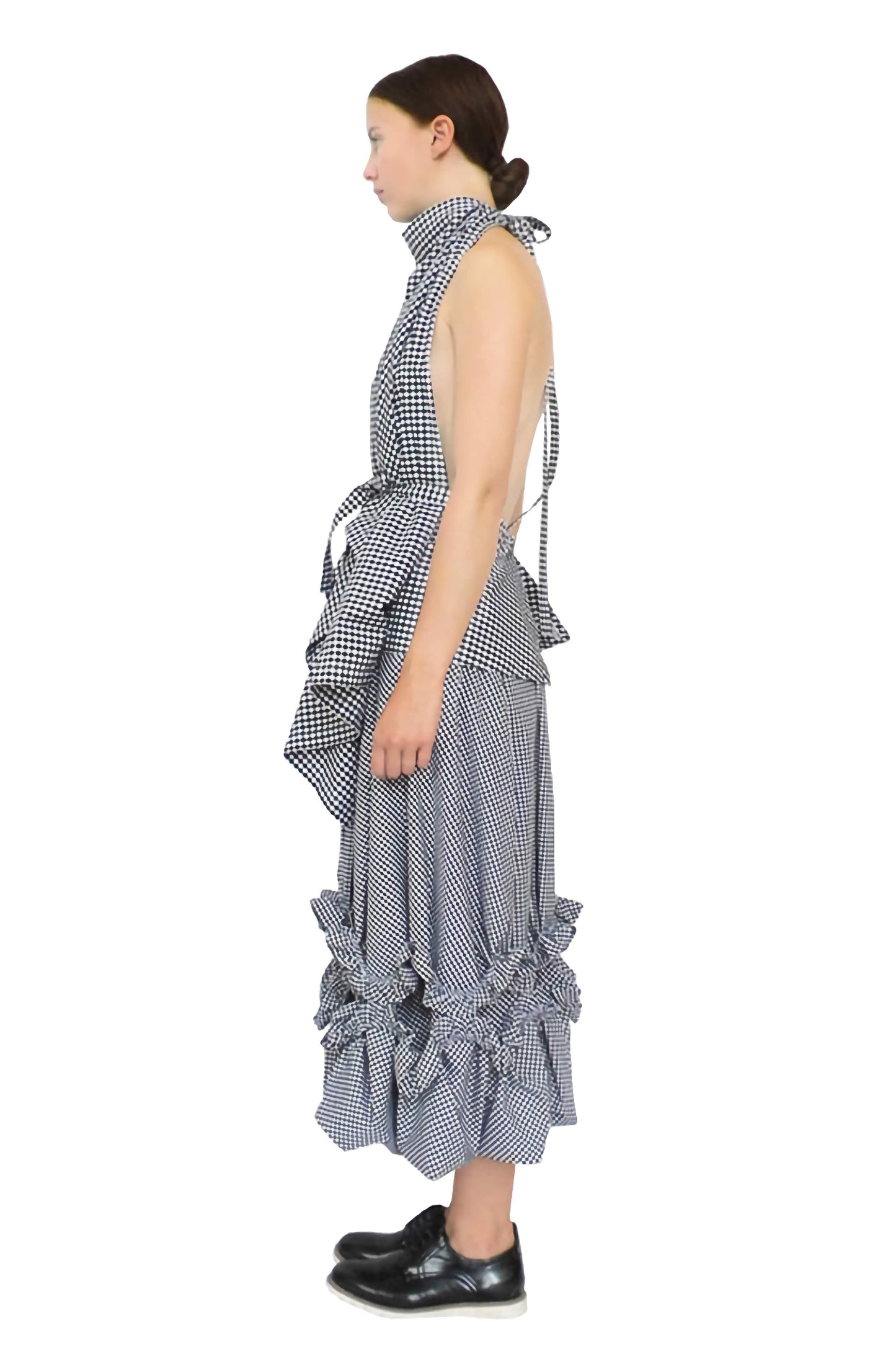 Showstopping side view of the gingham cotton chandelier midi skirt with a-line silhouette and gathered elasticated frill detailing.