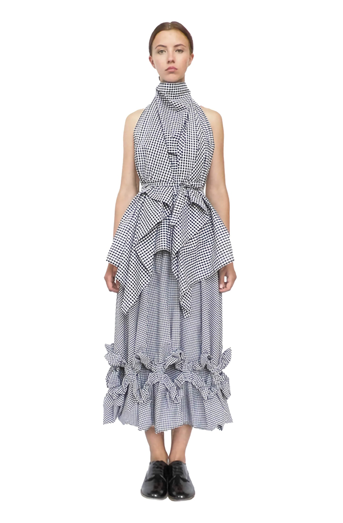 Avant garde artisan gingham skirt with voluminous drape and elasticated gathered frill with hollow spaces exclusive by designers and creators cunnington & sanderson.