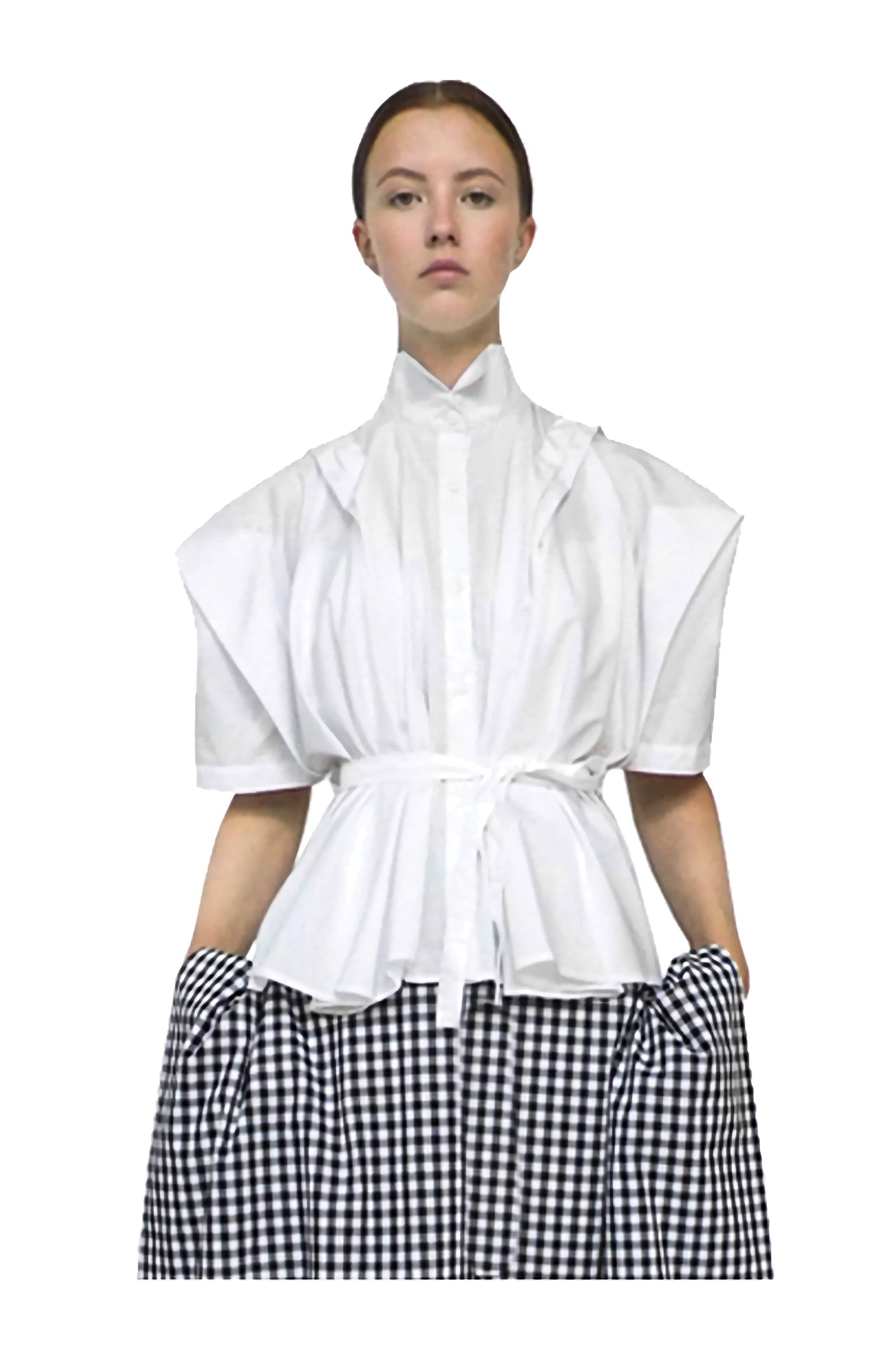 The farmer's shirt has a winged collar and kimono sleeves tailor-made into a prestigious design