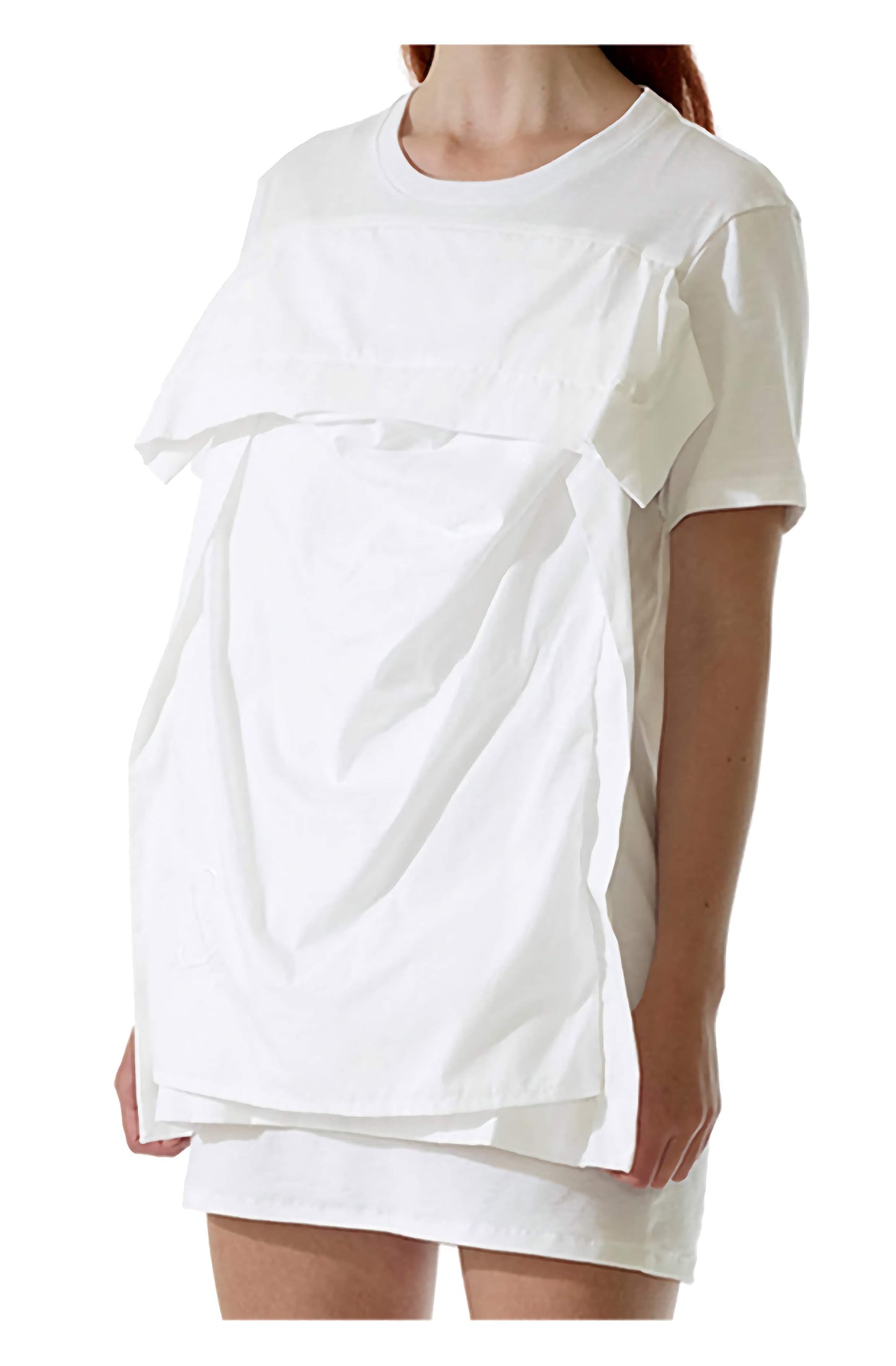 Close up detailed photograph of the pillow case on the front of the organic cotton t-shirt top dress which is a unisex fashion garment.
