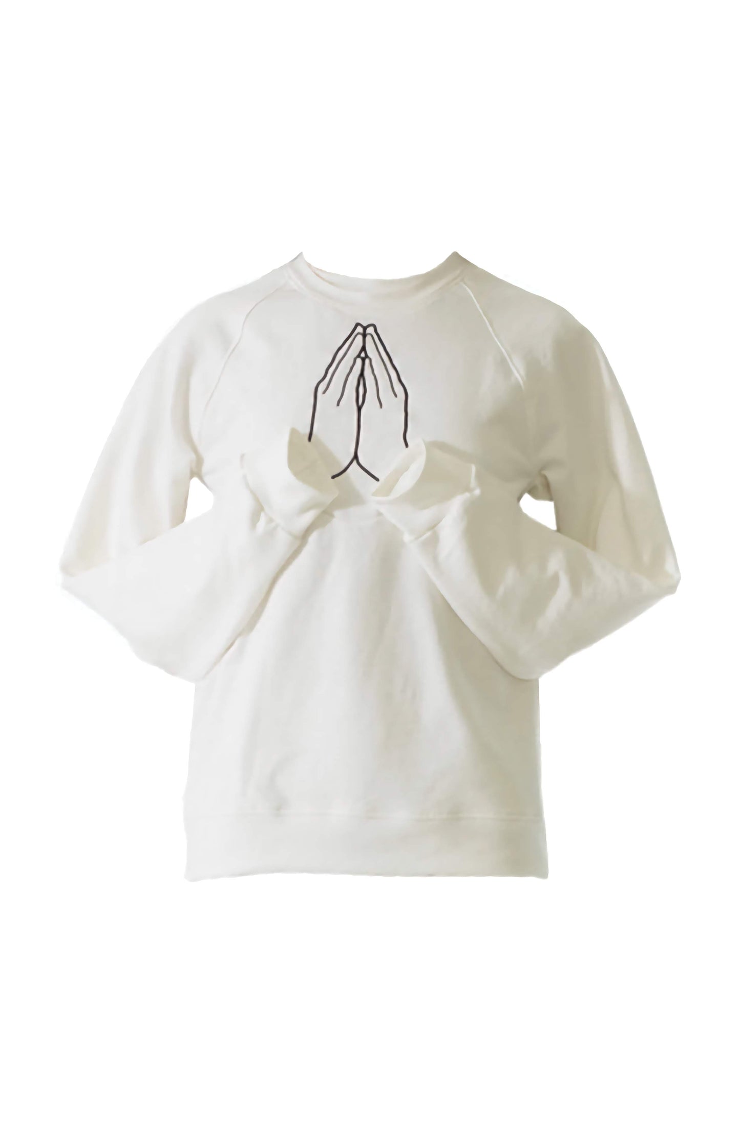 Sustainable organic cotton sweatshirt with draped sleeves and embroidered hands to symbolise hope