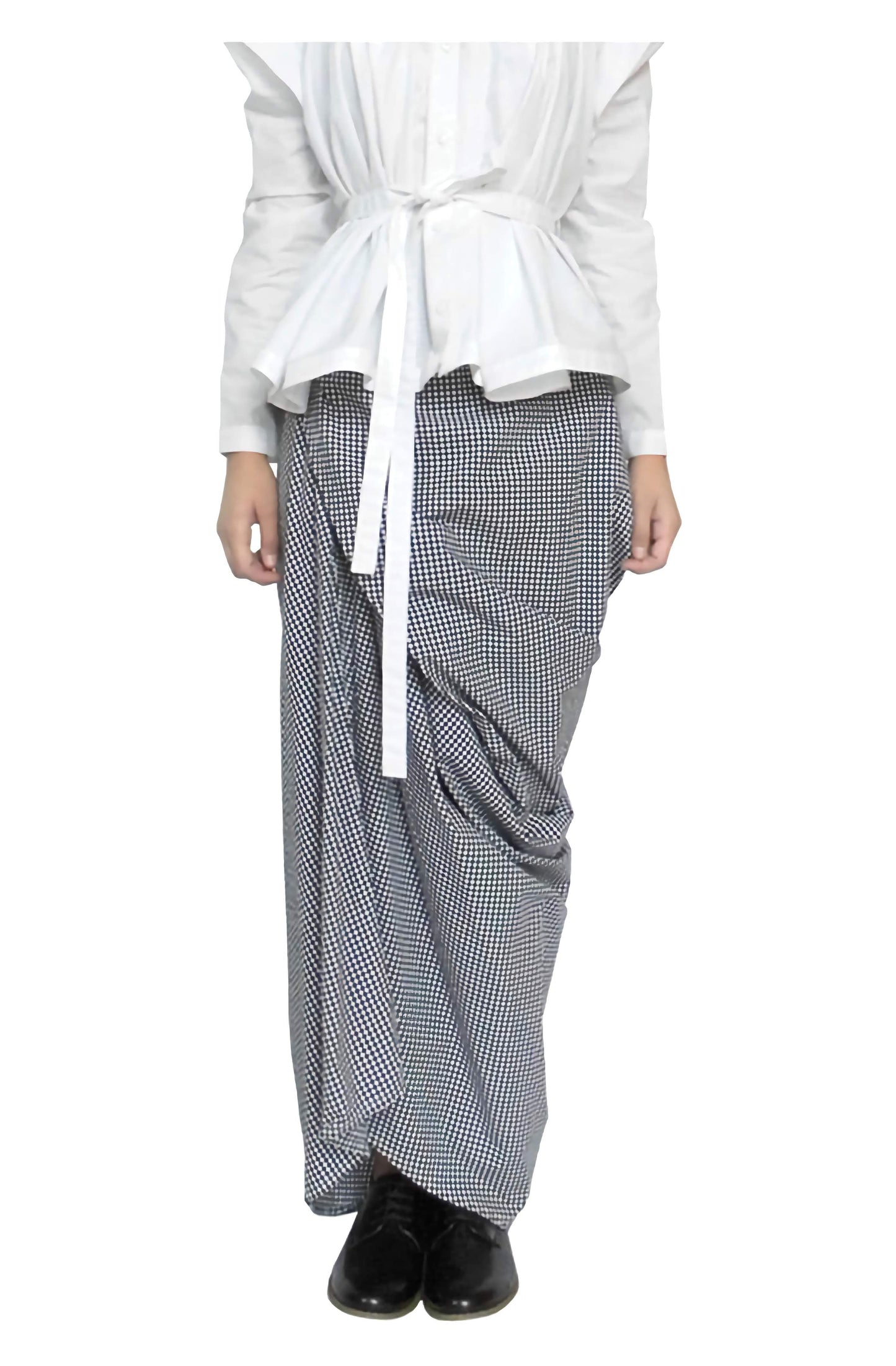 Asymmetric drape, creative designer gingham cotton, long skirt close up