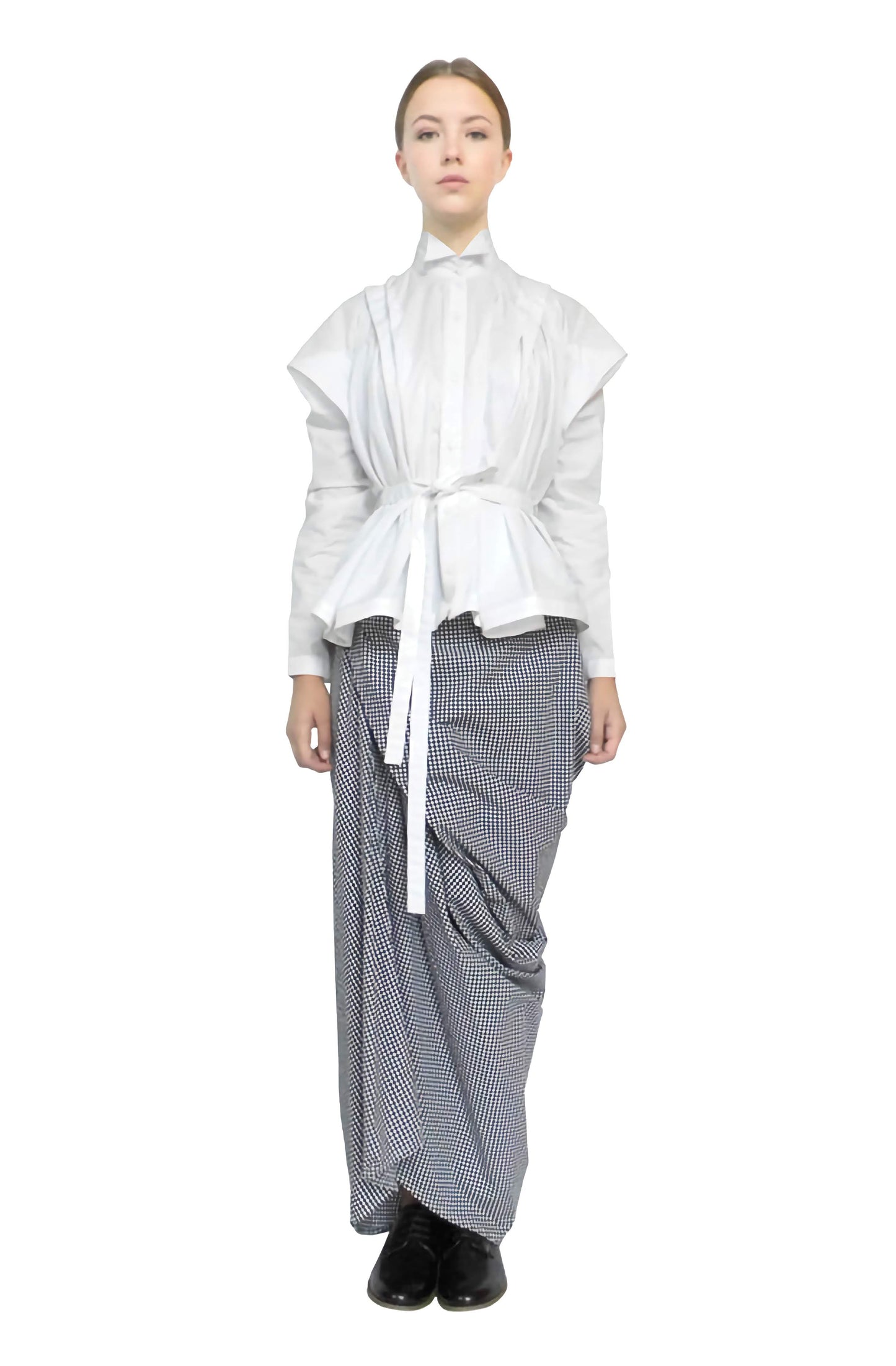 Front view of the full-length secret skirt, a unique drape skirt in gingham cotton