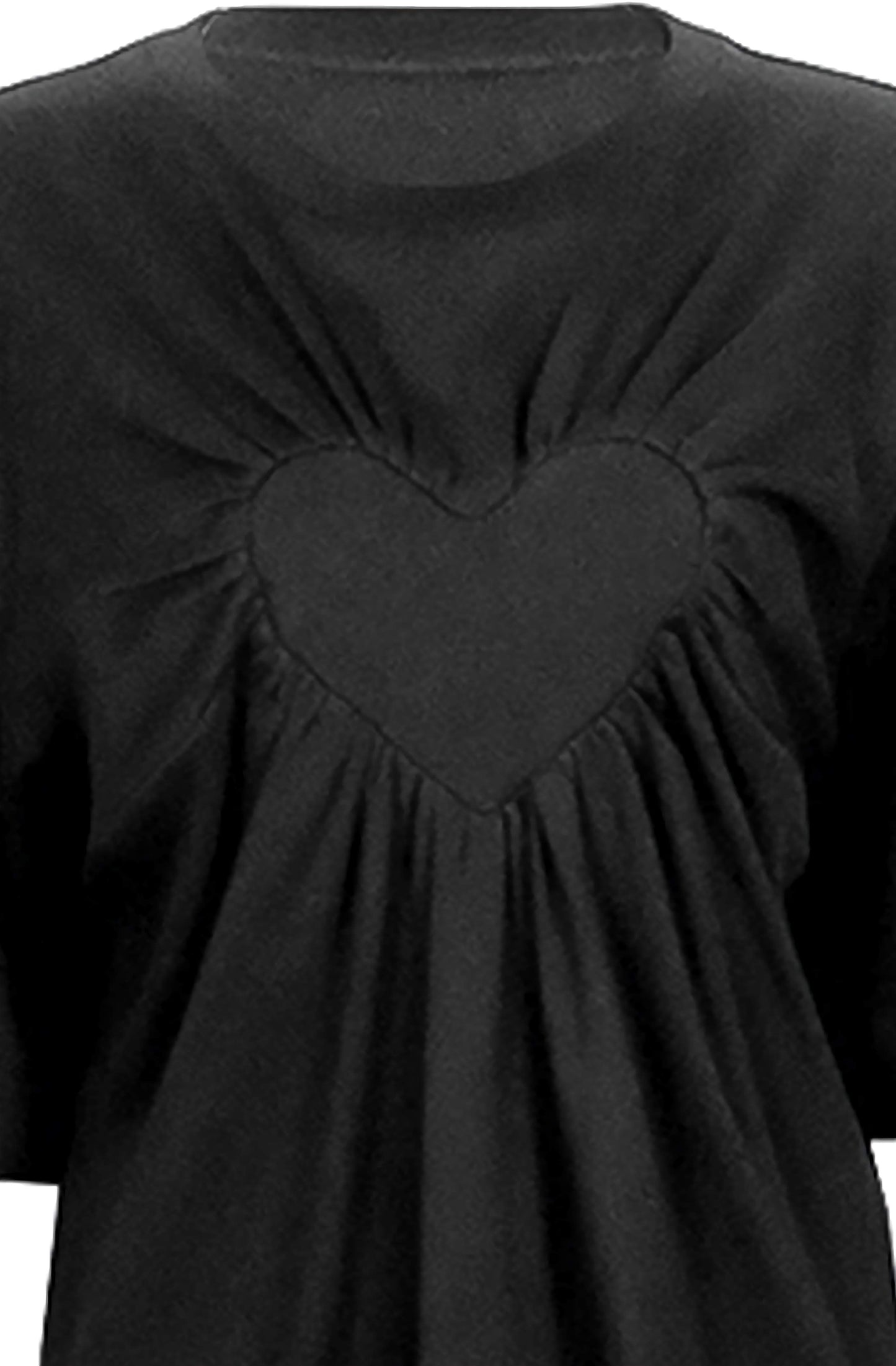 Close up of the gathered heart black organic tshirt with gathered edges.