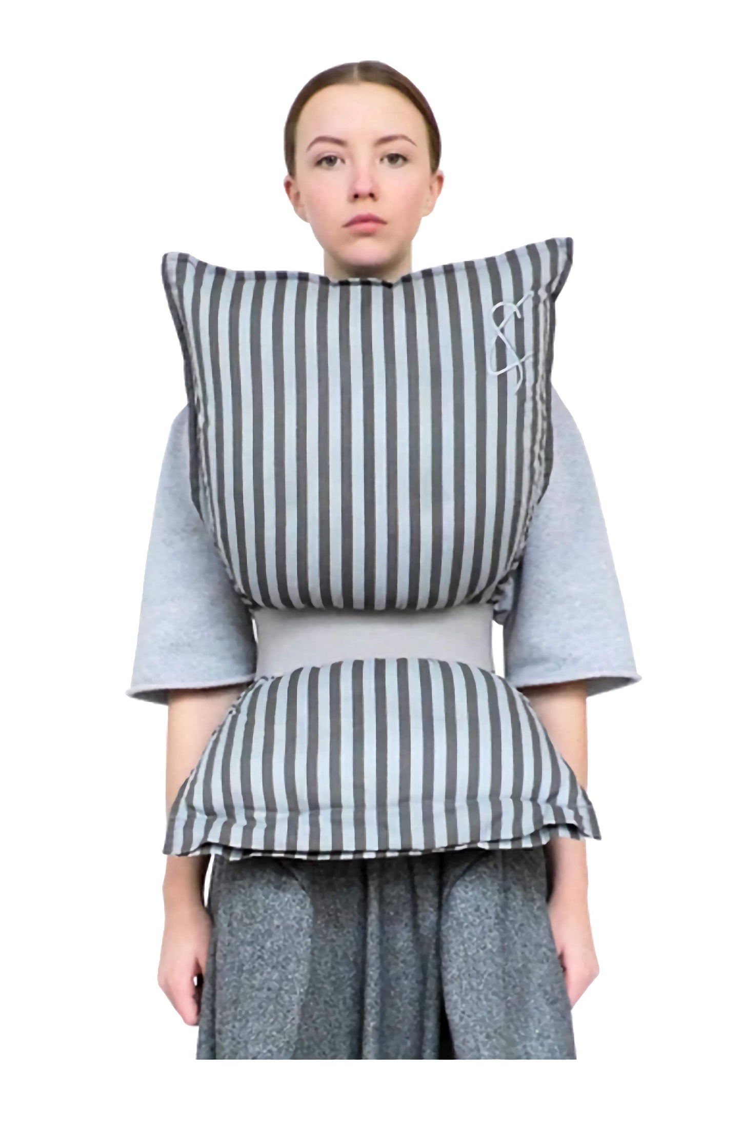 Unique luxury designer pillow top with belt and hourglass silhouette, designed to raise mental health awareness. Creative and imaginative couture fashion by cunnington & sanderson.