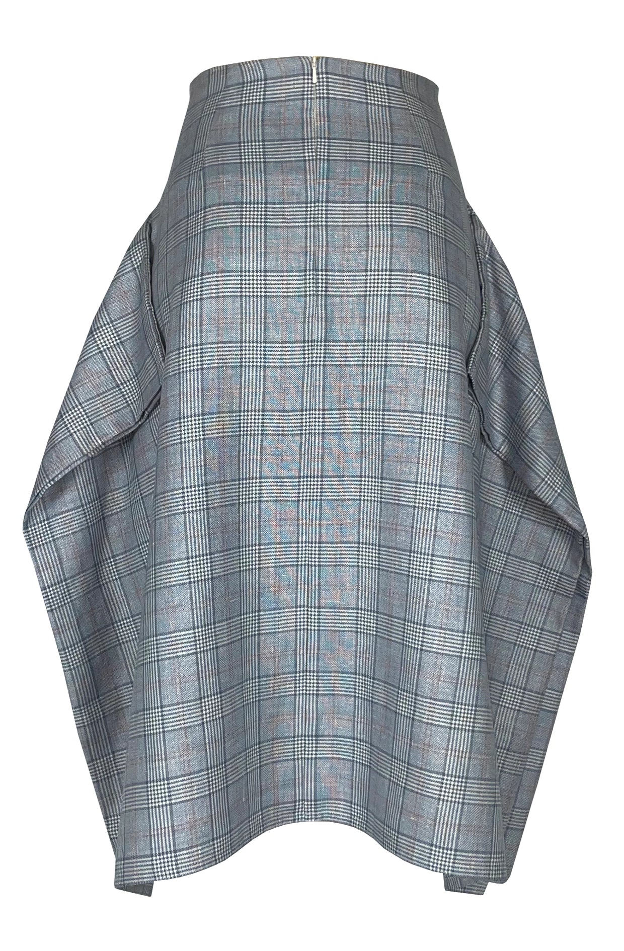 Blanket skirt plaid back view with pockets, Abraham Moon fabric zero-waste made-to-order UK