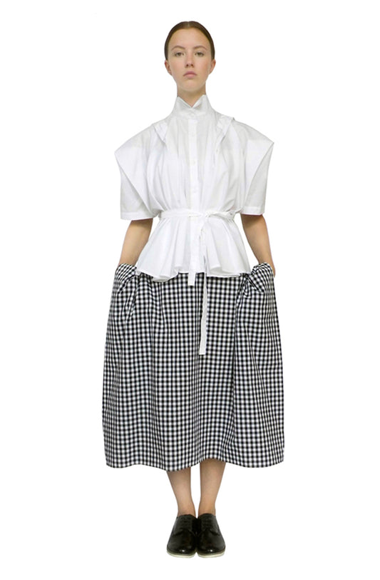 Zero-waste gingham cotton blanket skirt with boxy draping and pockets, sustainable luxury made-to-order in UK
