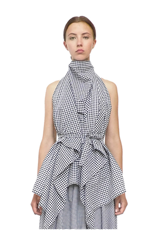 Zero-waste gingham cotton halterneck blanket top with elegant draping, sustainable luxury made-to-order in UK