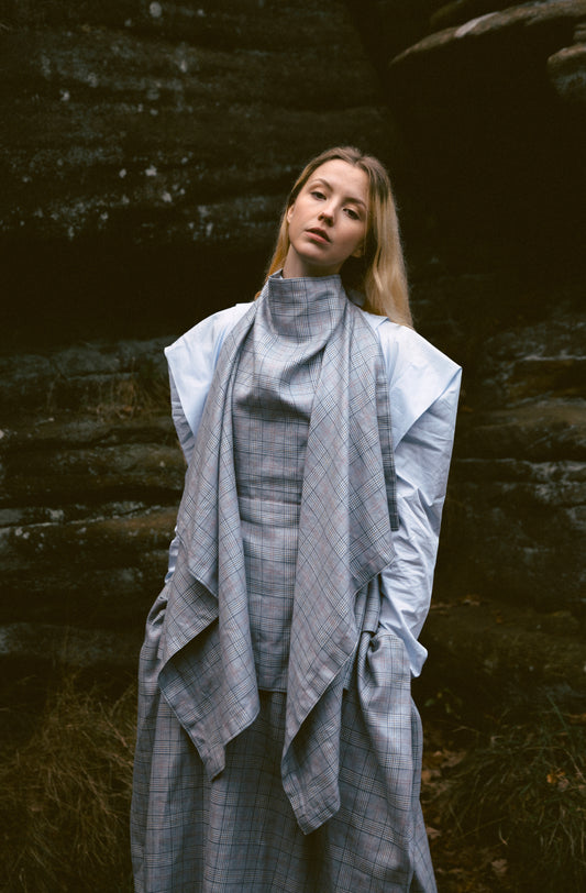 Plaid blanket top halterneck with draping, Abraham Moon Yorkshire wool-linen made-to-order UK