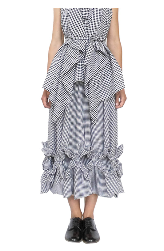 Zero-waste gingham cotton chandelier skirt with A-line silhouette and ruffle detailing, sustainable luxury made-to-order in UK