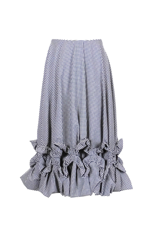Zero-waste gingham cotton chandelier midi skirt with ruffle detailing, sustainable luxury made-to-order in UK