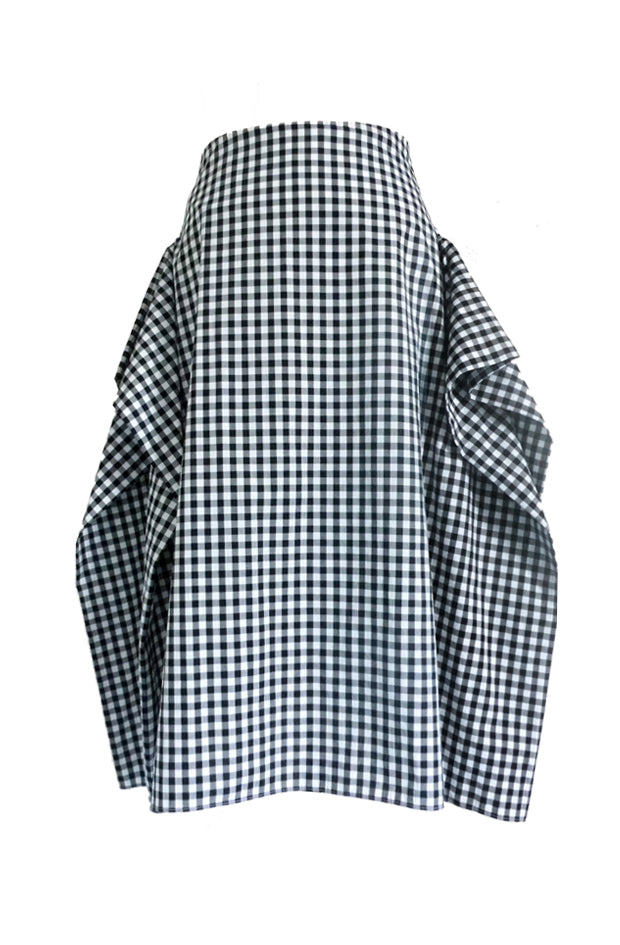 Exclusive, sustainable, crafted design skirt with boxy drape silhouette and large pockets