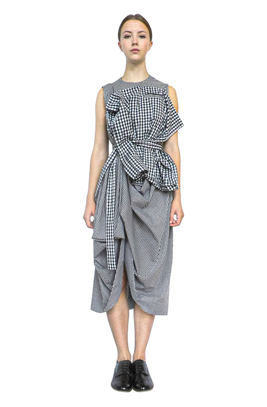 front view luxury gingham cotton dress with 3d carrier bag for life pocket and unique draped story telling silhouette