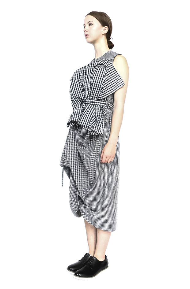 Side view luxurious multi-check gingham deluxe cotton dress by British brand Cunnington & Sanderson
