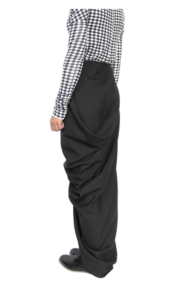 side view long black draped skirt made in the United Kingdom