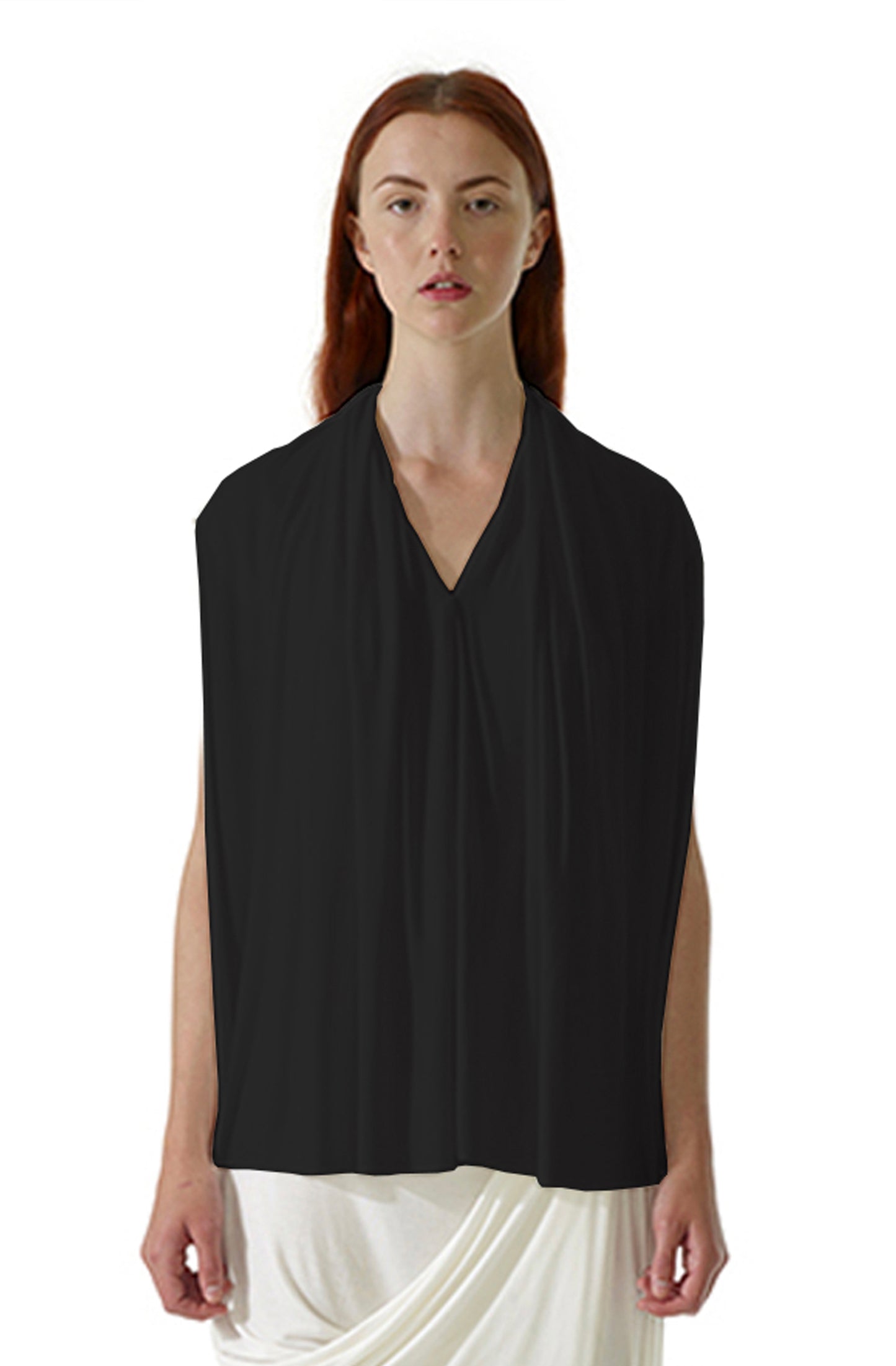 Black curtain top boxy draped silhouette close-up, zero-waste viscose jersey sustainable UK