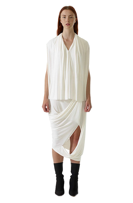 Curtain top showing draped silhouette detail, zero-waste viscose jersey made-to-order UK