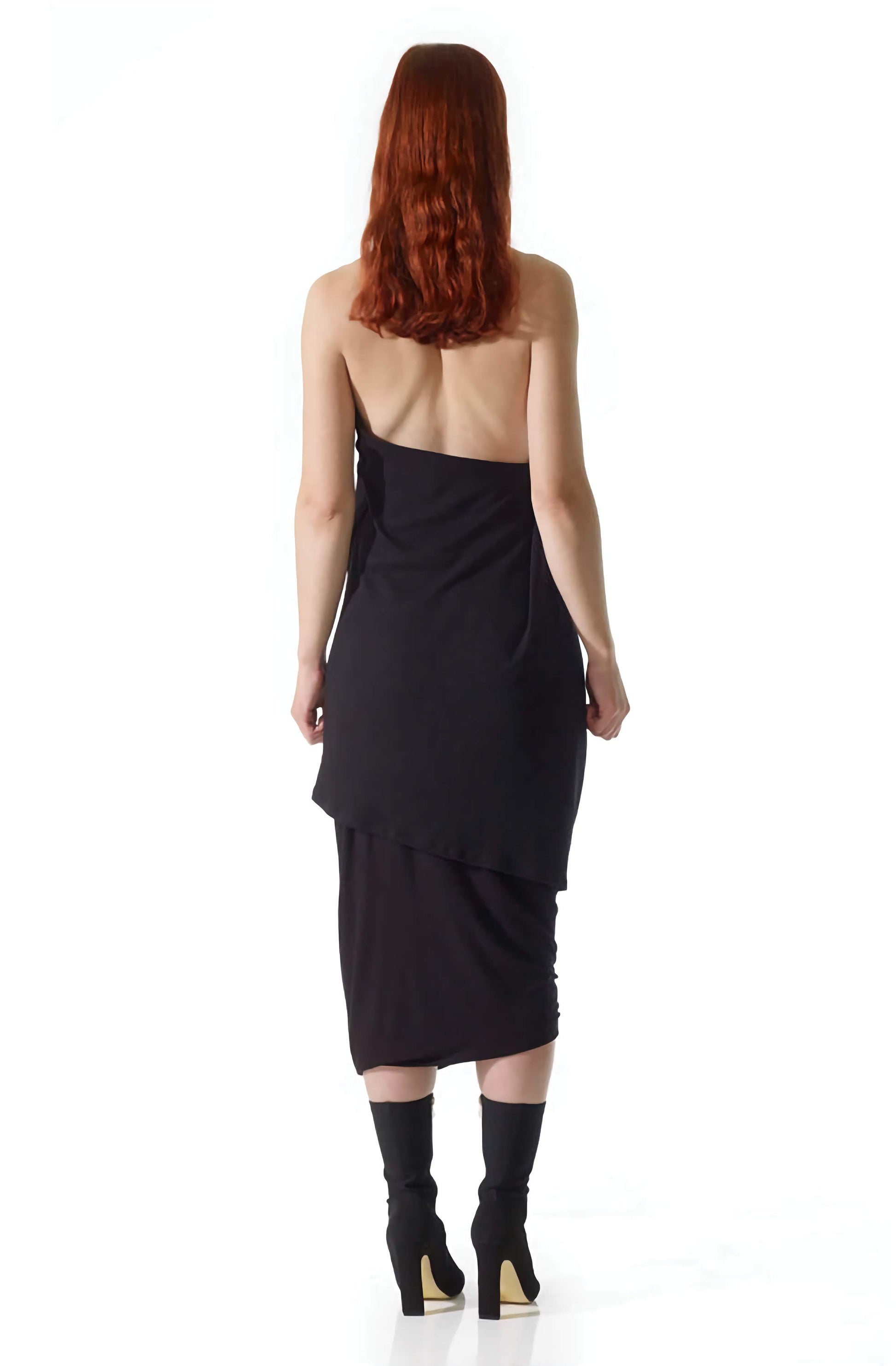 Back view of a model wearing the environmentally friendly black missing top