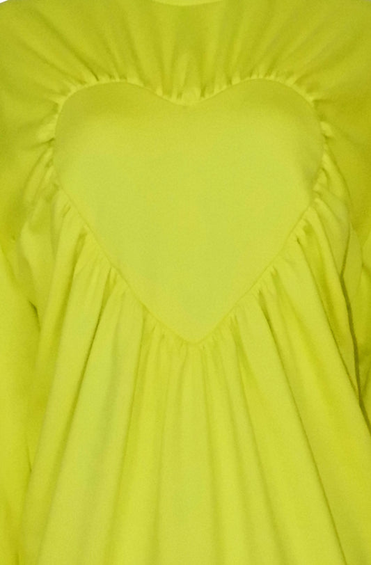 Close-up of organic cotton heart sweater gathered detail, 10% to Mind charity sustainable luxury made in UK