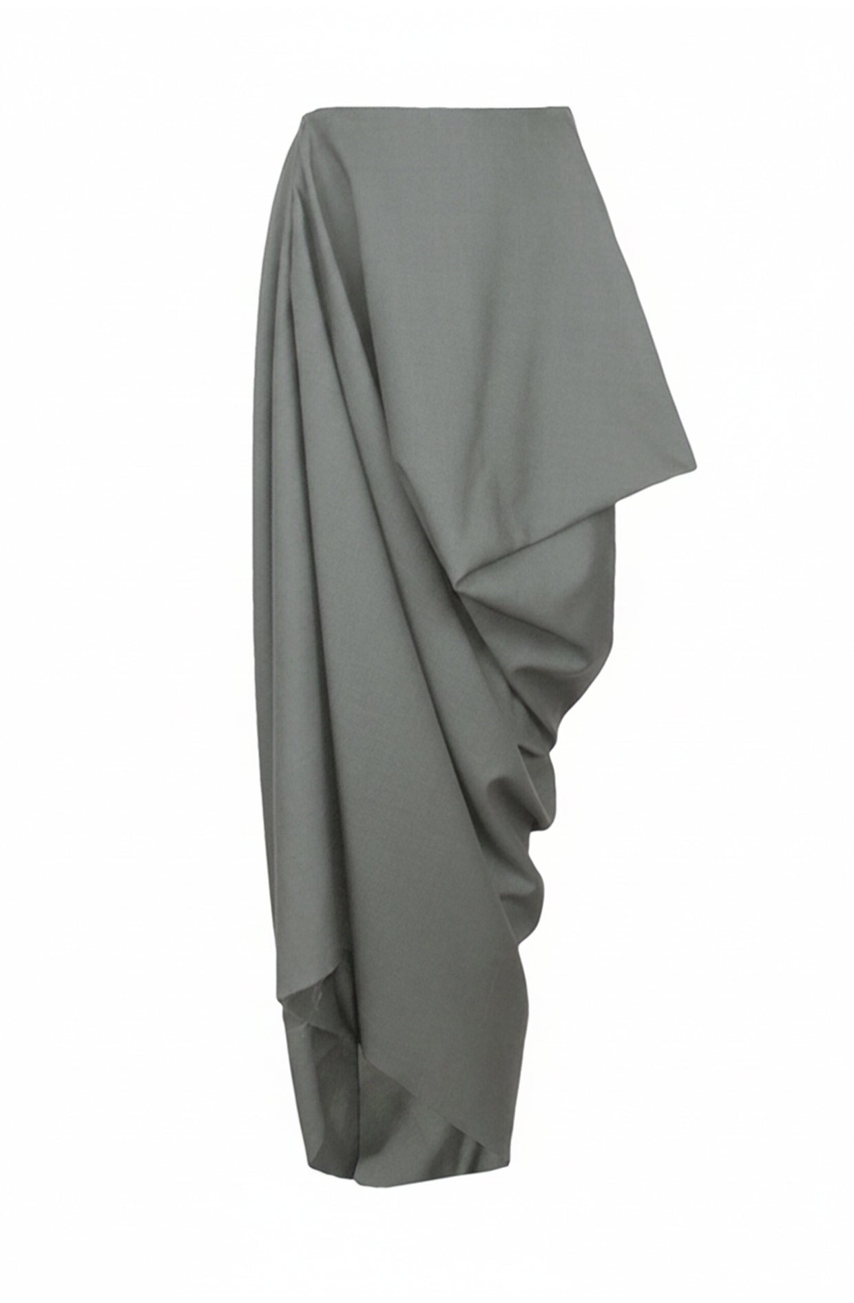 Hidden pocket zero waste drape skirt in grey Yorkshire wool by Cunnington & Sanderson