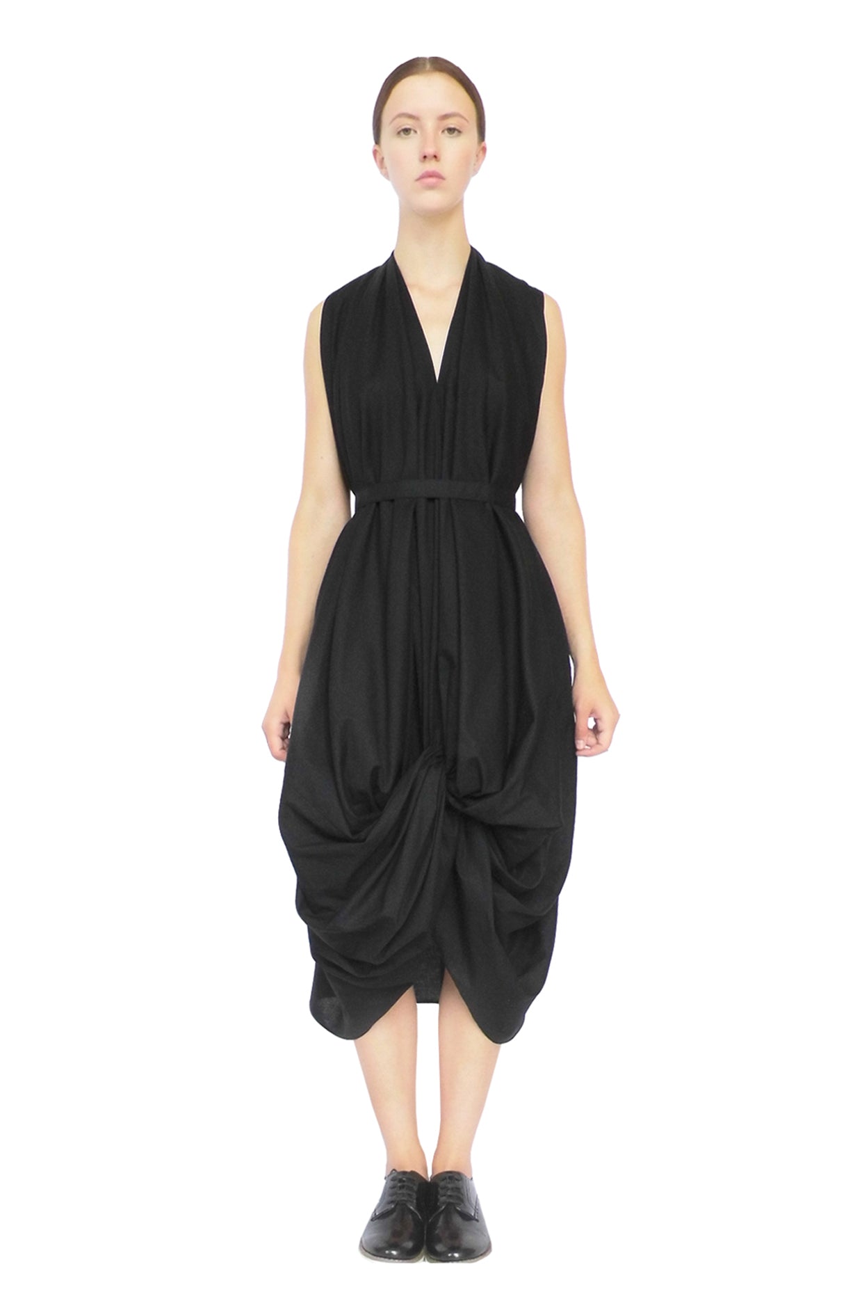 Zero-waste black cotton knotted dress with good luck knot draping, sustainable luxury made-to-order in UK