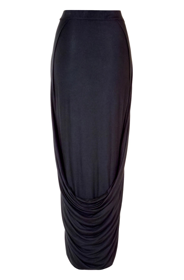 Black draped long skirt front view on a white background