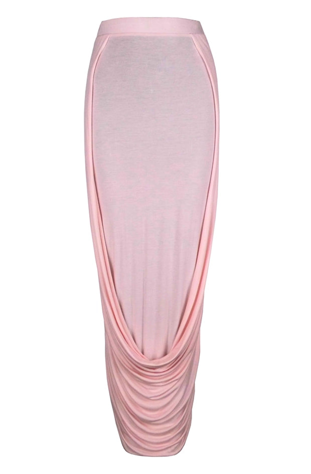 Pink draped full length maxi skirt on a white background