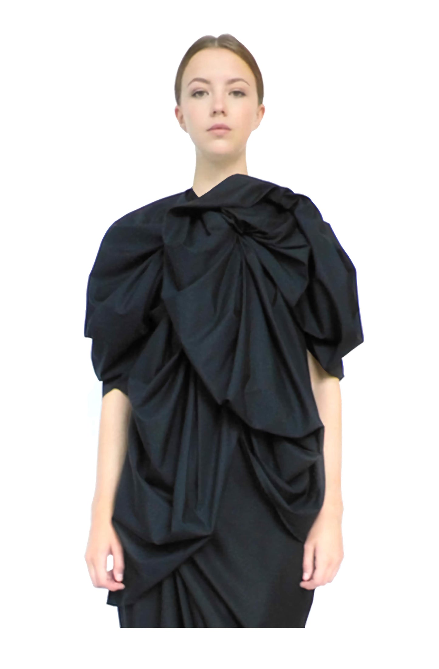 Exceptional women's blouse with voluminous sculptural rosette silhouette shape made in black cotton
