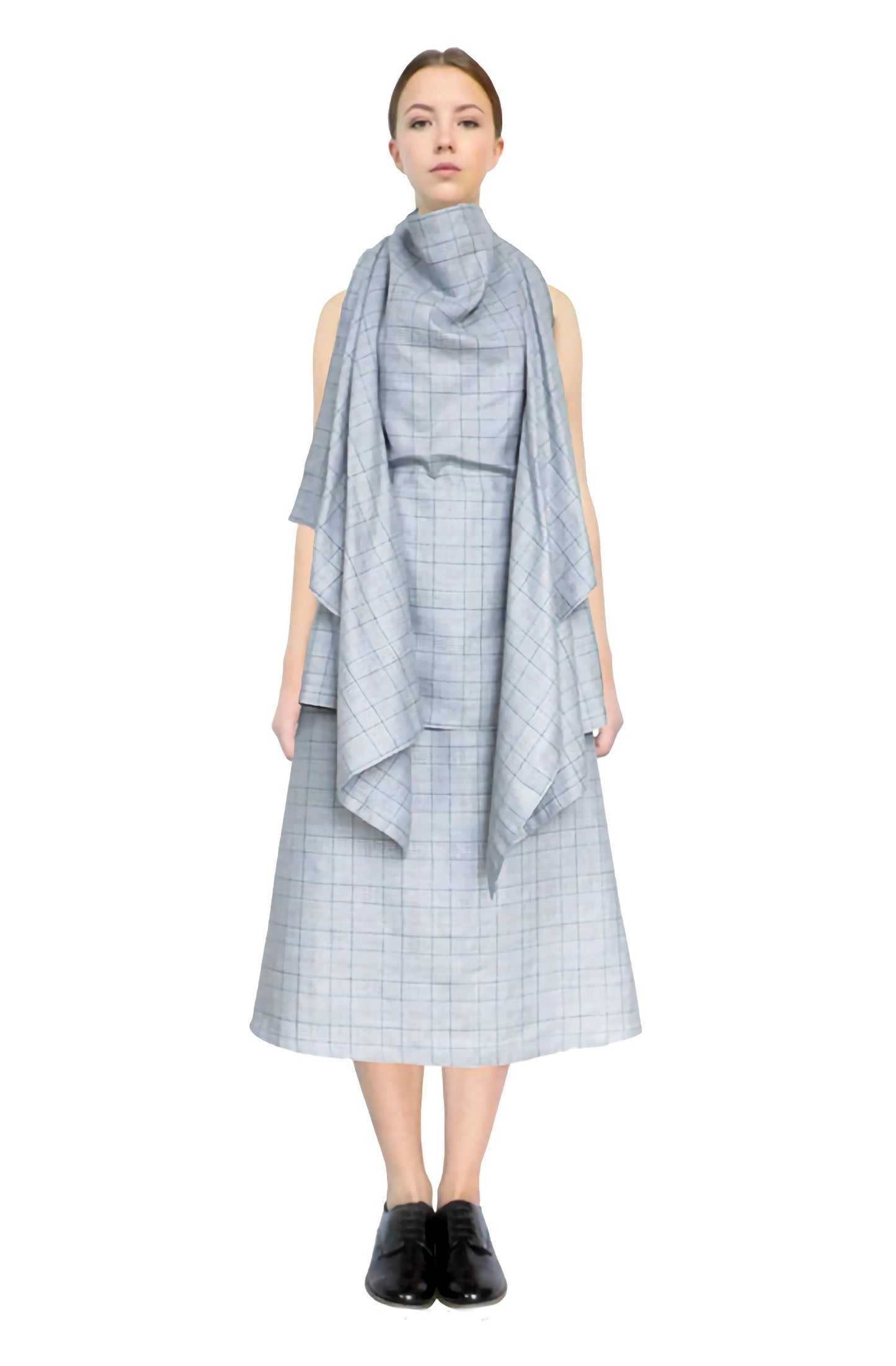 Halterneck womenswear style blanket top made in high quality plaid linen wool from Abraham Moon & Sons in Yorkshire.