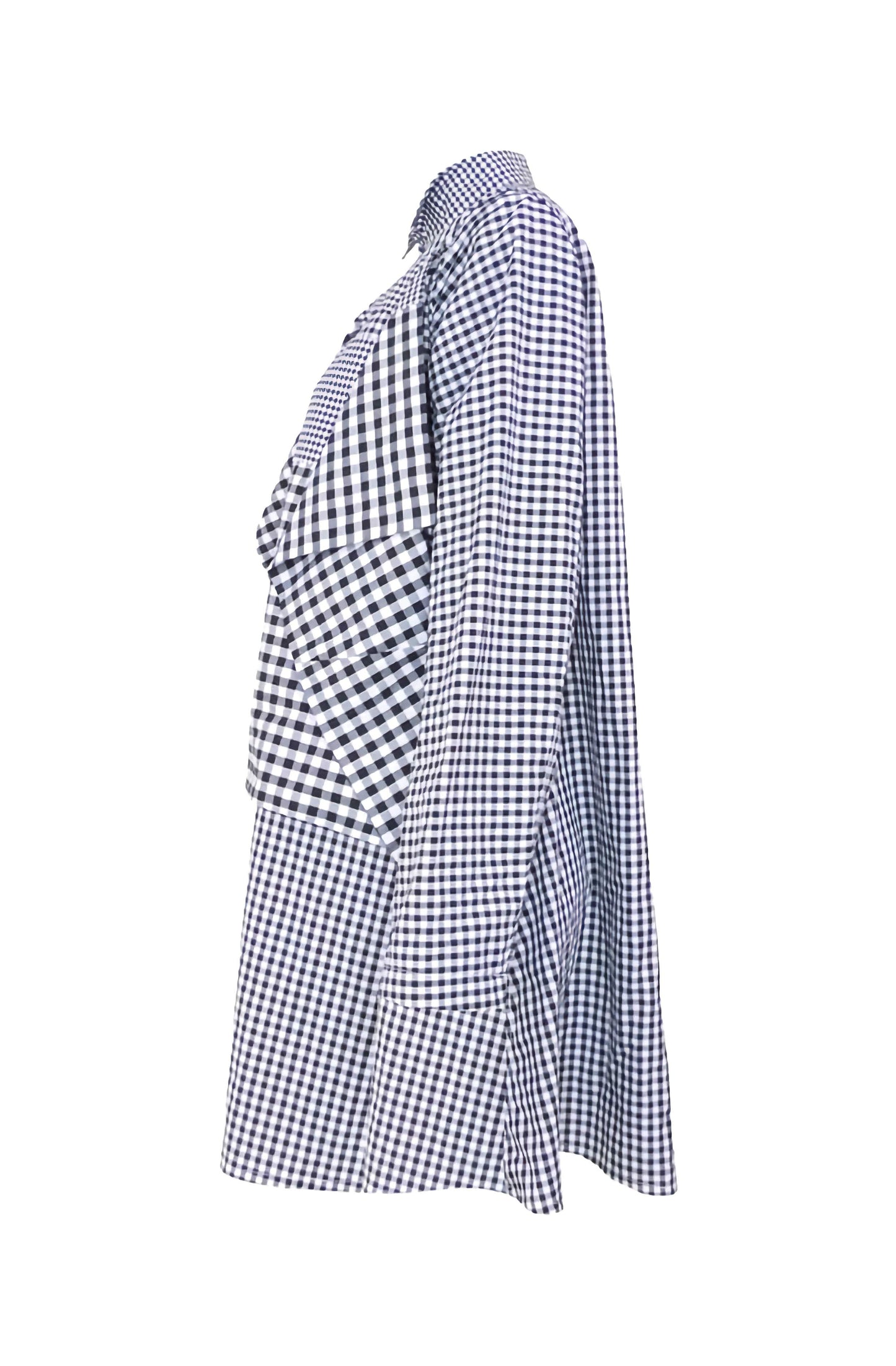 Side view of shirt for life in black and white check cotton, slow, timeless clothing at its best