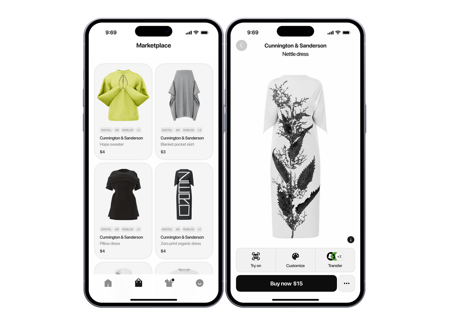 Cunnington & sanderson app featuring digital fashion and phygital clothes available to buy and try on with your mobile phone.