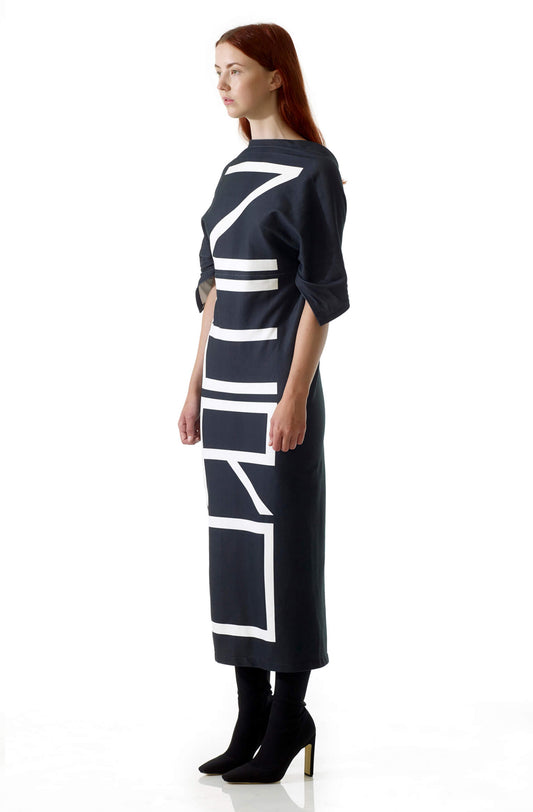 Zero-waste organic cotton dress with graphic print in eco-friendly printing, sustainable luxury made in UK