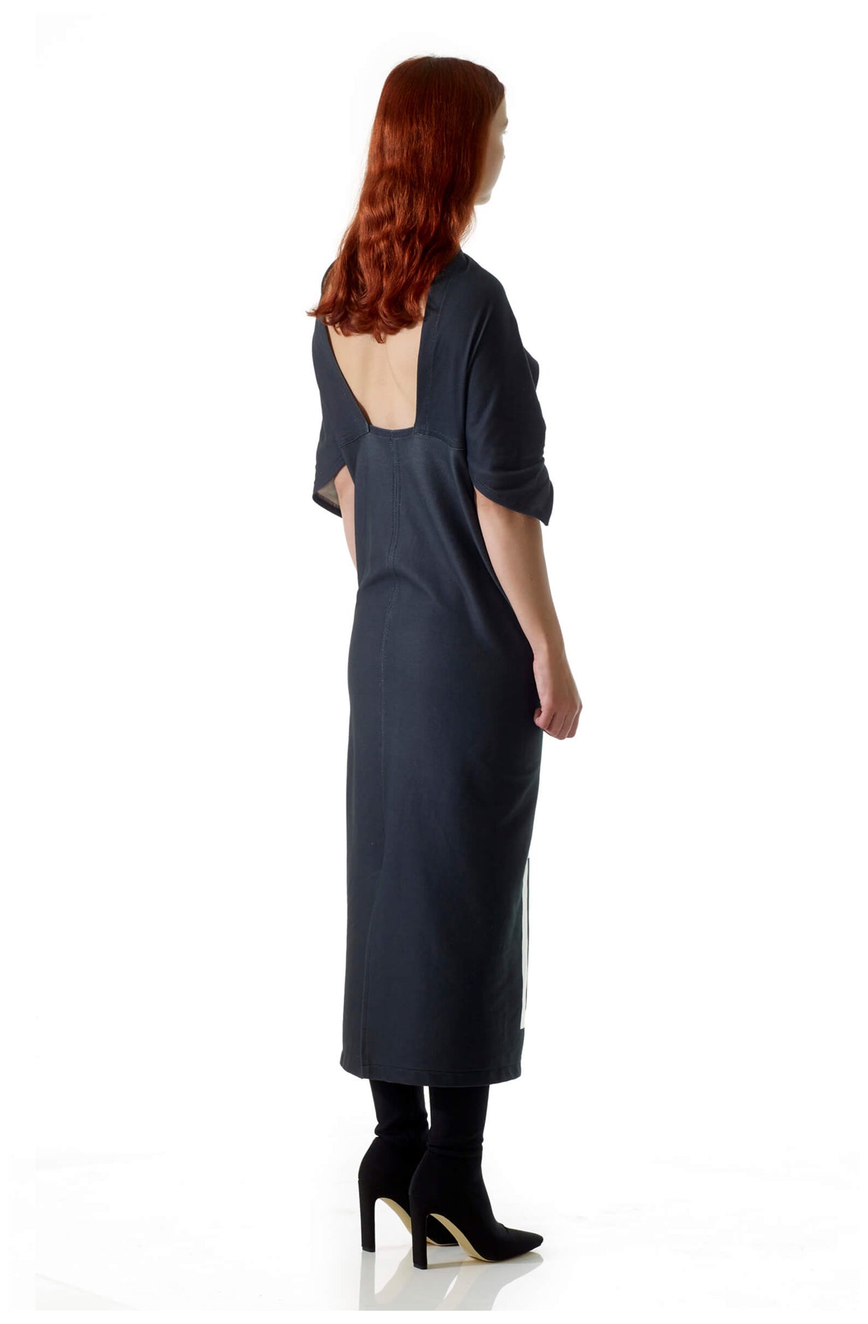 Zero-waste organic cotton dress with open back and graphic print, sustainable luxury made in UK