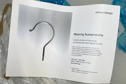 wearing sustainability exhibition poster about sustainable fashion exhibited in leeds featuring fashion brand cunnington & sanderson