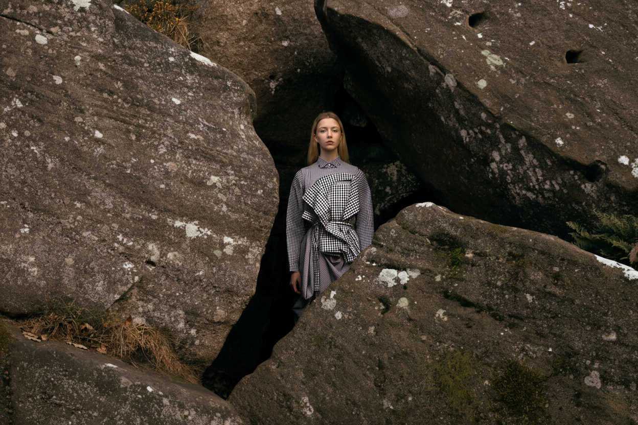 Model in gingham draped dress between moorland rocks — Cunnington & Sanderson sustainable women's dresses