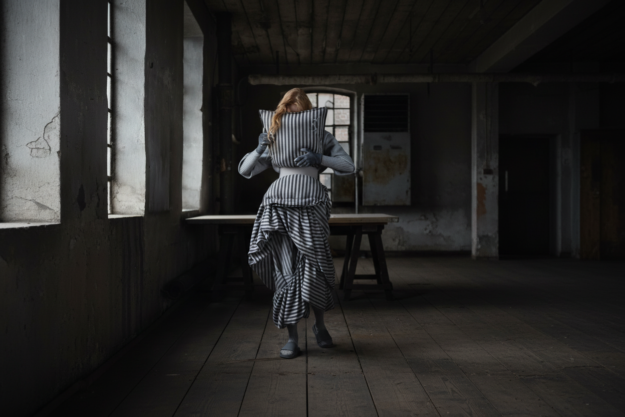 Model holding striped pillow top in moody industrial interior — Cunnington & Sanderson sustainable fashion
