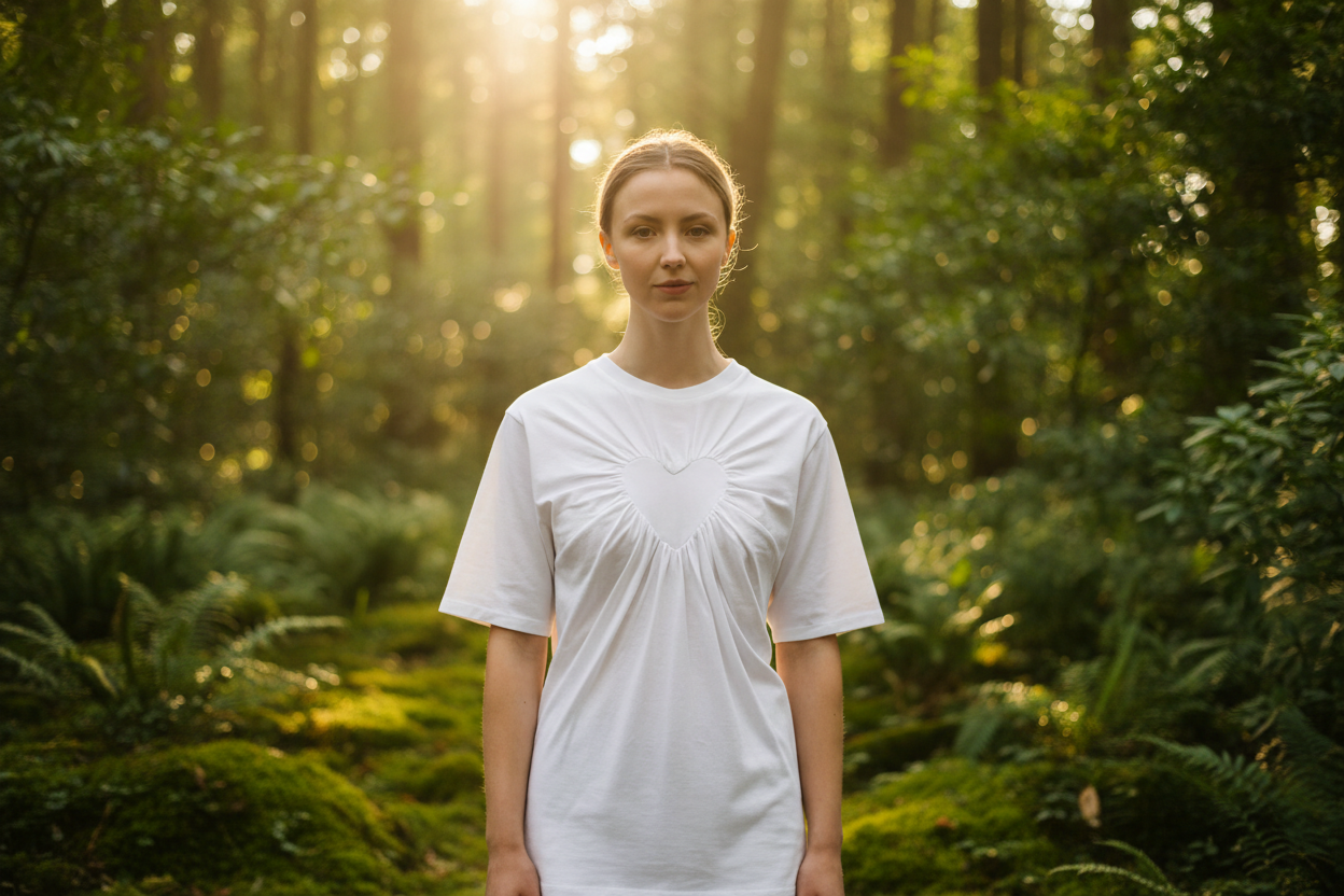 White heart t-shirt in sunlit forest with golden light beams — Cunnington & Sanderson organic cotton fashion