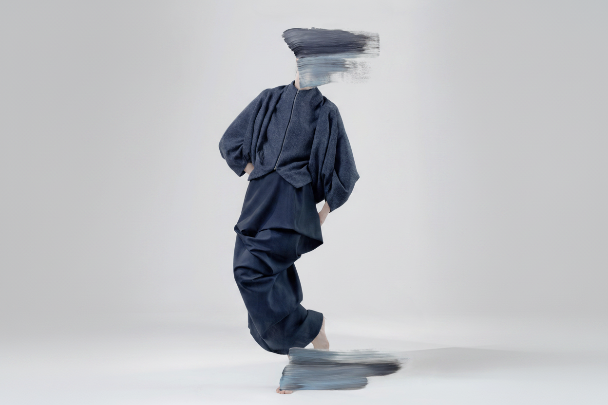Model in zero-waste draped navy skirt with painterly brushstroke effect — Cunnington & Sanderson sustainable skirts