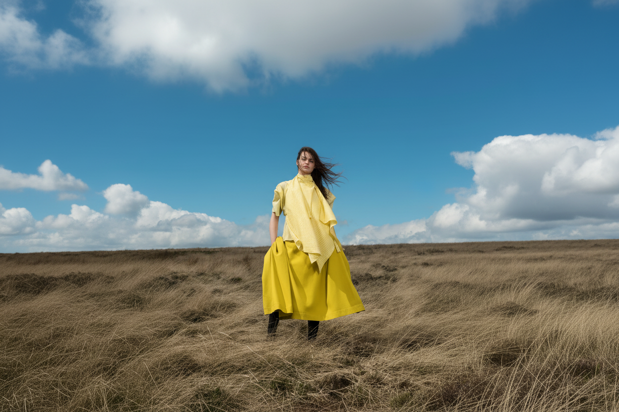 Model in yellow draped top and skirt on Yorkshire moorland — Cunnington & Sanderson sustainable women's tops