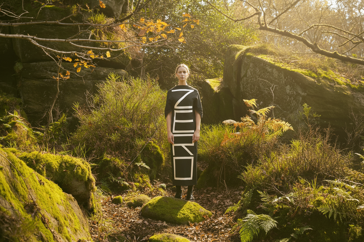 Model in organic cotton zero dress in sunlit forest — Cunnington & Sanderson zero waste fashion UK