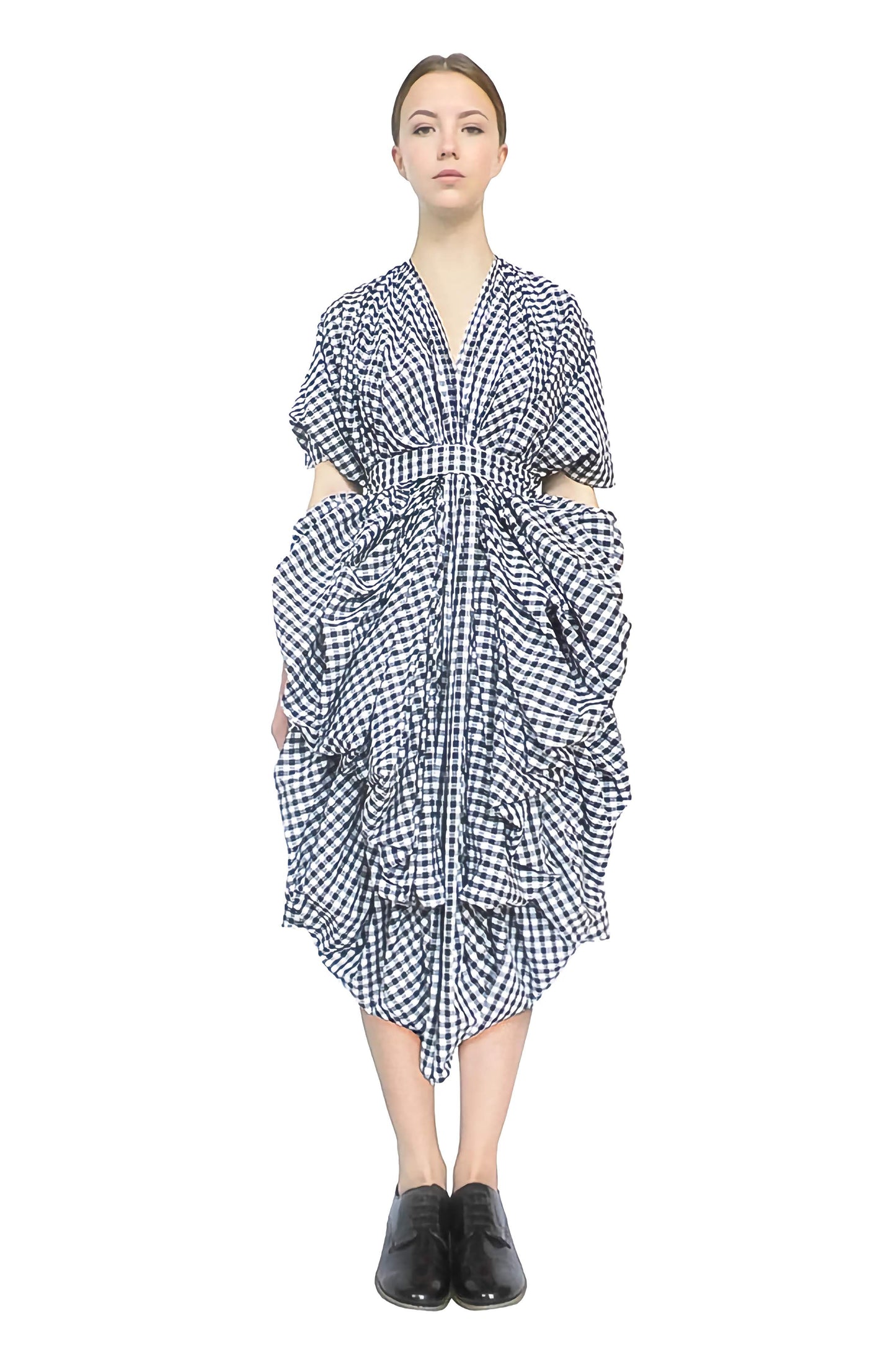 High fashion gingham cotton dress with kimono sleeves and luxurious voluminous frill.