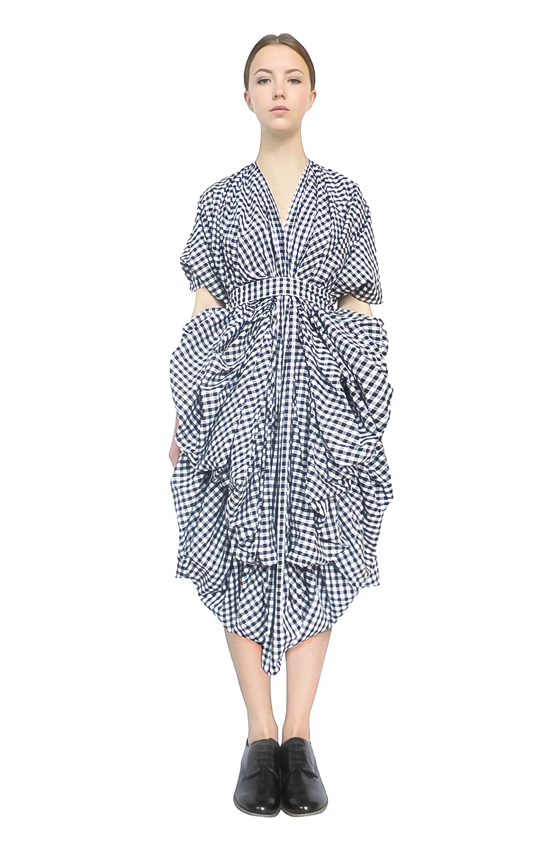 High fashion gingham cotton dress with kimono sleeves and luxurious voluminous frill.