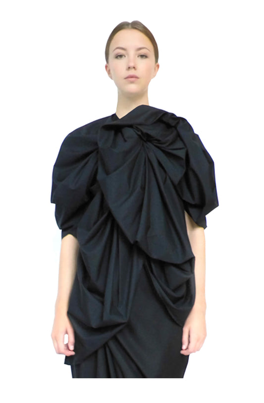 Exceptional womenswear blouse with voluminous sculptural rosette silhouette shape made in black cotton.