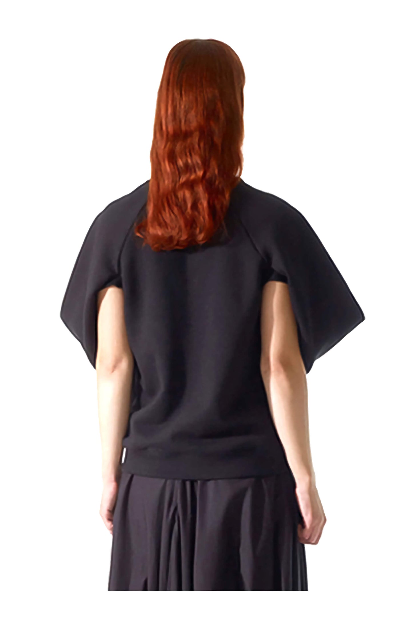 Back view of the exquisite black organic cotton, hope sweater, with hidden arm openings at the back