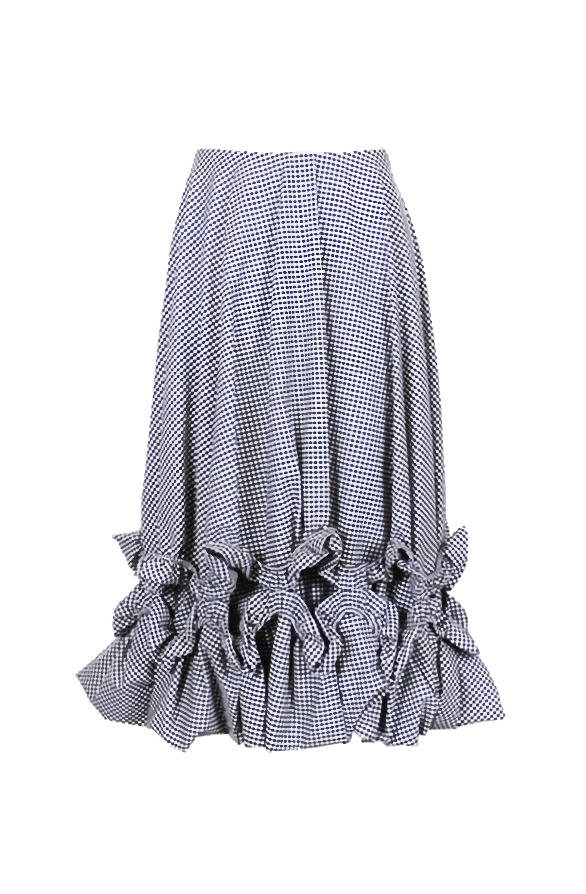Black and white gingham check midi skirt with crafted drapes and gathered elasticated frill details.