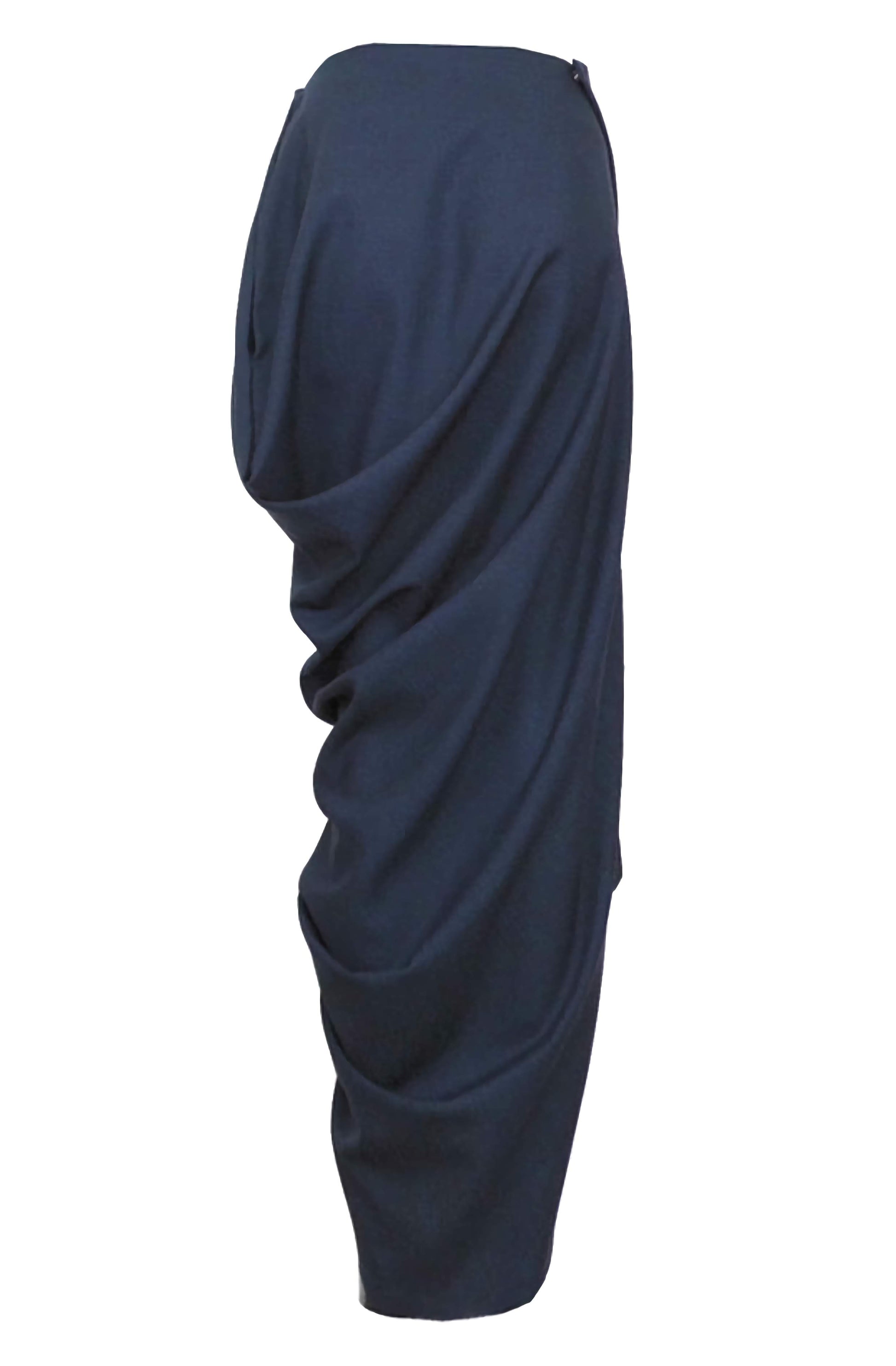back view of the artisan casual skirt with a loose drape structure and sculptural silhouette.