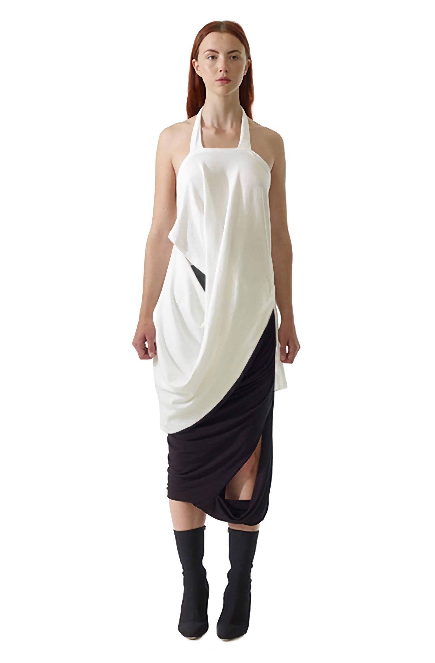 Front view of the black drape jersey, missing skirt made in Britain, available to buy online