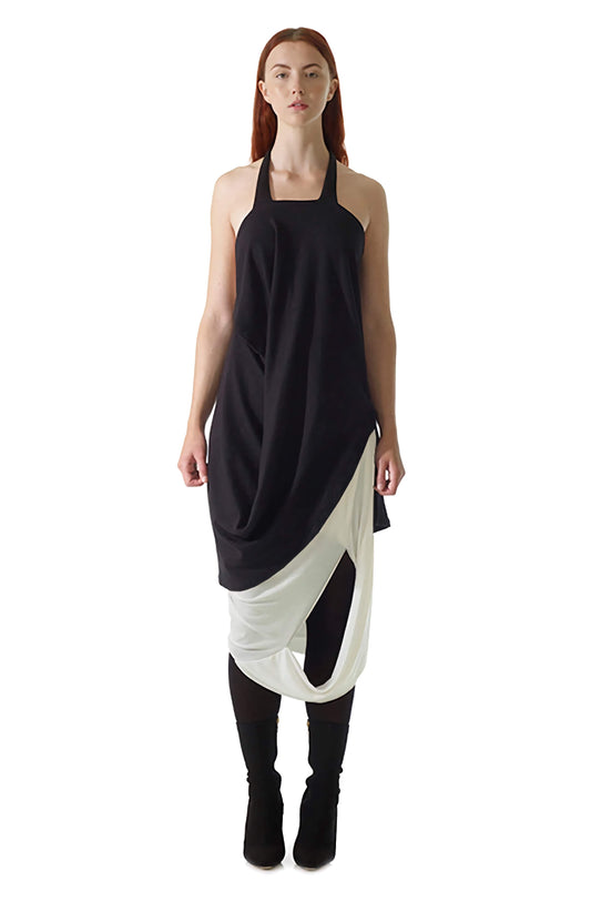 Black missing top front view with white skirt, both are zero waste designs lovingly made with organic cotton to create sustainable fashion made to cherish and last.